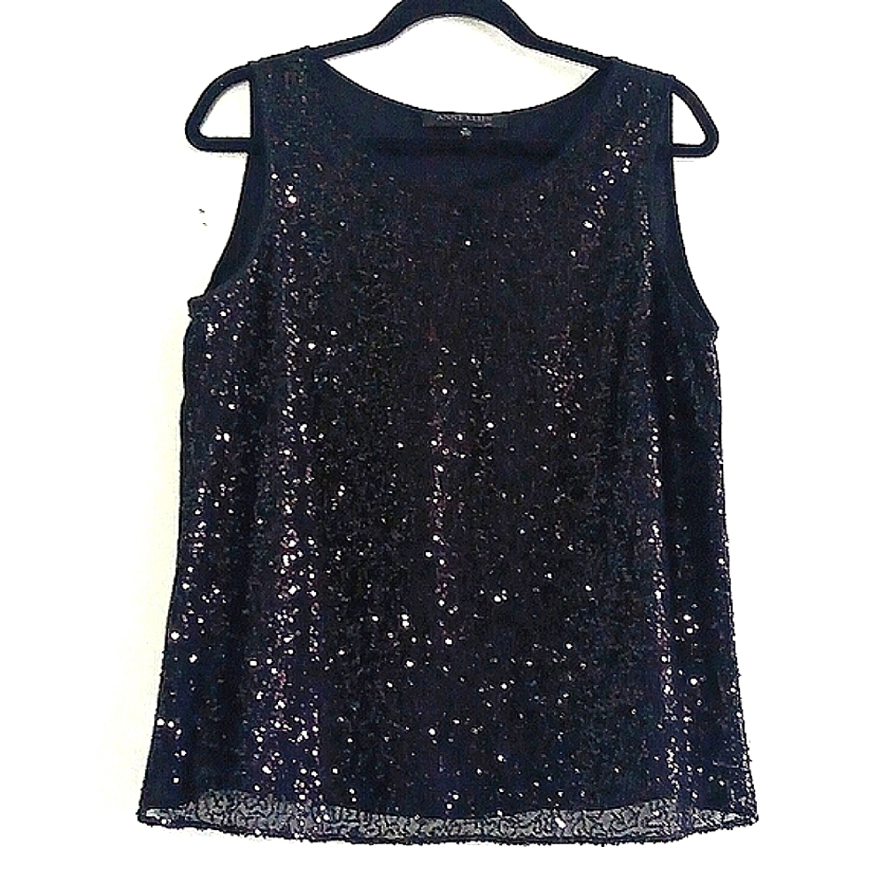 ANNE KLEIN BLACK SEQUINED SLEEVELESS TOP. SIZE 12.